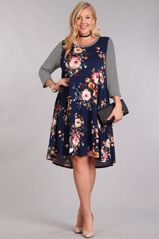 Navy Floral Dress W/ Stripe Sleeve P