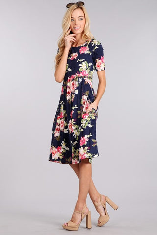 Navy Floral Dress W/ Pocket