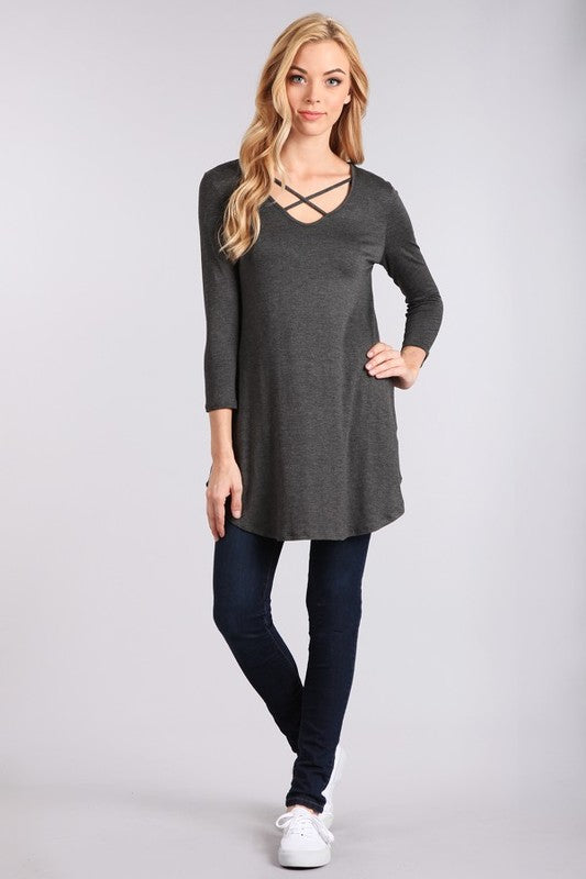 Charcoal 3/4 Sleeve Cross Front Tunic