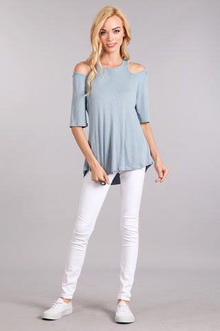 Dusty Blue Rib Cold Shoulder Shirt