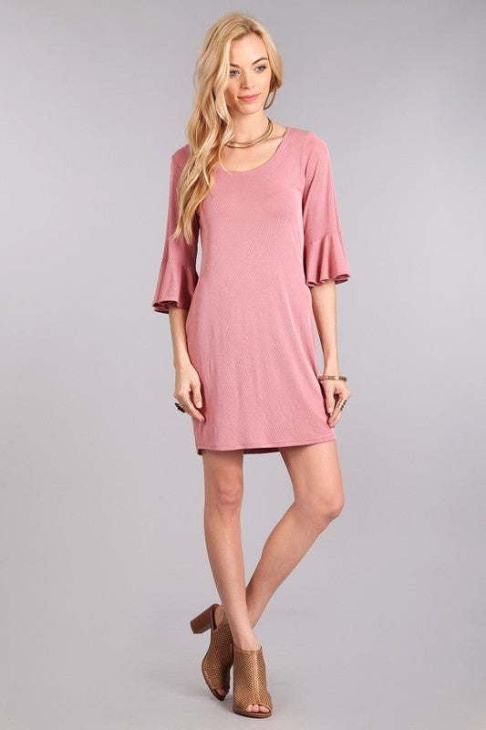Pink Rib Ruffle Sleeve Dress