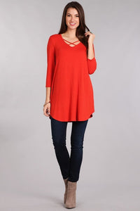 Red 3/4 Sleeve Cross Front Shirt