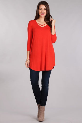Red 3/4 Sleeve Cross Front Shirt