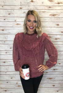 163 Marsala Garment Dyed Layered Ruffle Top