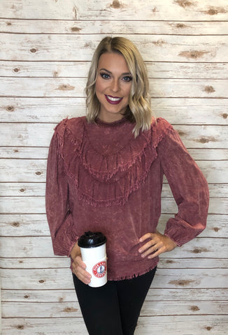 163 Marsala Garment Dyed Layered Ruffle Top