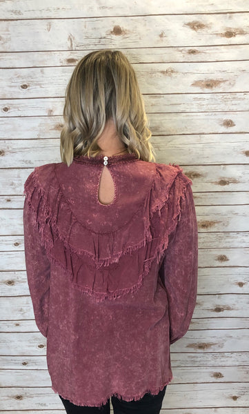 163 Marsala Garment Dyed Layered Ruffle Top