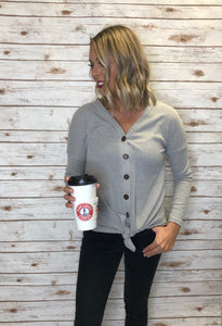 161 Ribbed Front V Neck Button Down