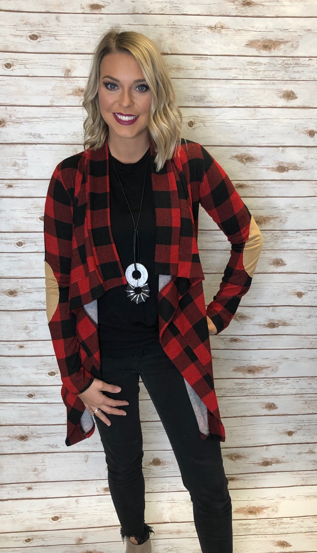 381 Red Plaid Cardigan Elbow Patch
