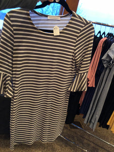 Charcoal/Ivory Stripe Ruffle Sleeve Dress