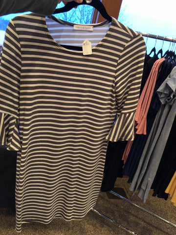 Charcoal/Ivory Stripe Ruffle Sleeve Dress