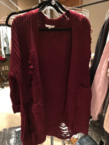 Burgundy Distressed Cardigan