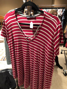 Wine Stripe Front Cross Short Sleeve Plus