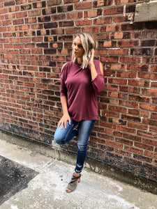 158 Wine Cold Shoulder Mid Sleeves Shirt