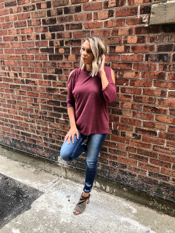 158 Wine Cold Shoulder Mid Sleeves Shirt