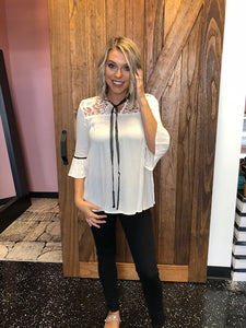 Ivory W/ Black Lace Tie Top