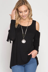 Black Long Sleeve Cold Shoulder W/ Sleeve Ties Top