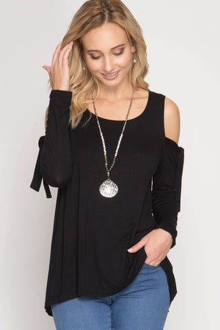 Black Long Sleeve Cold Shoulder W/ Sleeve Ties Top