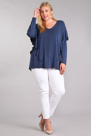 Navy Ruffle Long Sleeve Shirt P