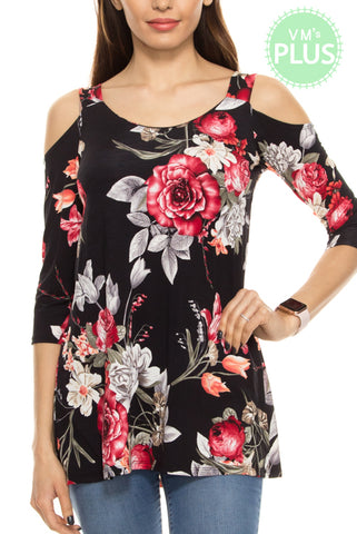 Black Floral Cold Shoulder Top