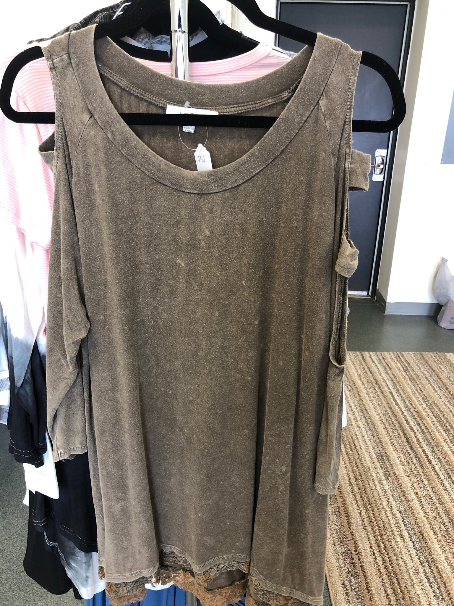 Brown Lace Hem Cut-Out Arms Top
