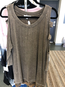 Brown Lace Hem Cut-Out Arms Top