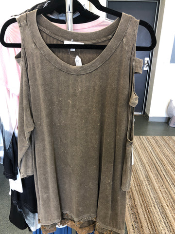 Brown Lace Hem Cut-Out Arms Top