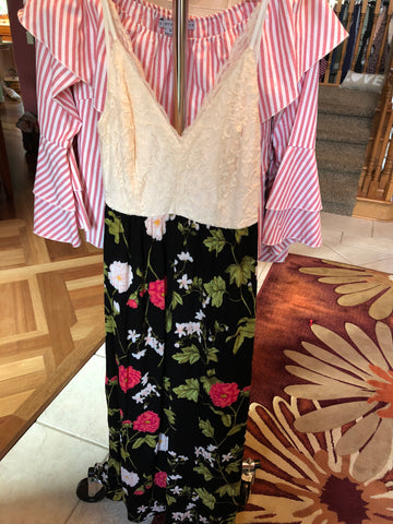 Black Floral Cream Top Thin Strap Long Dress