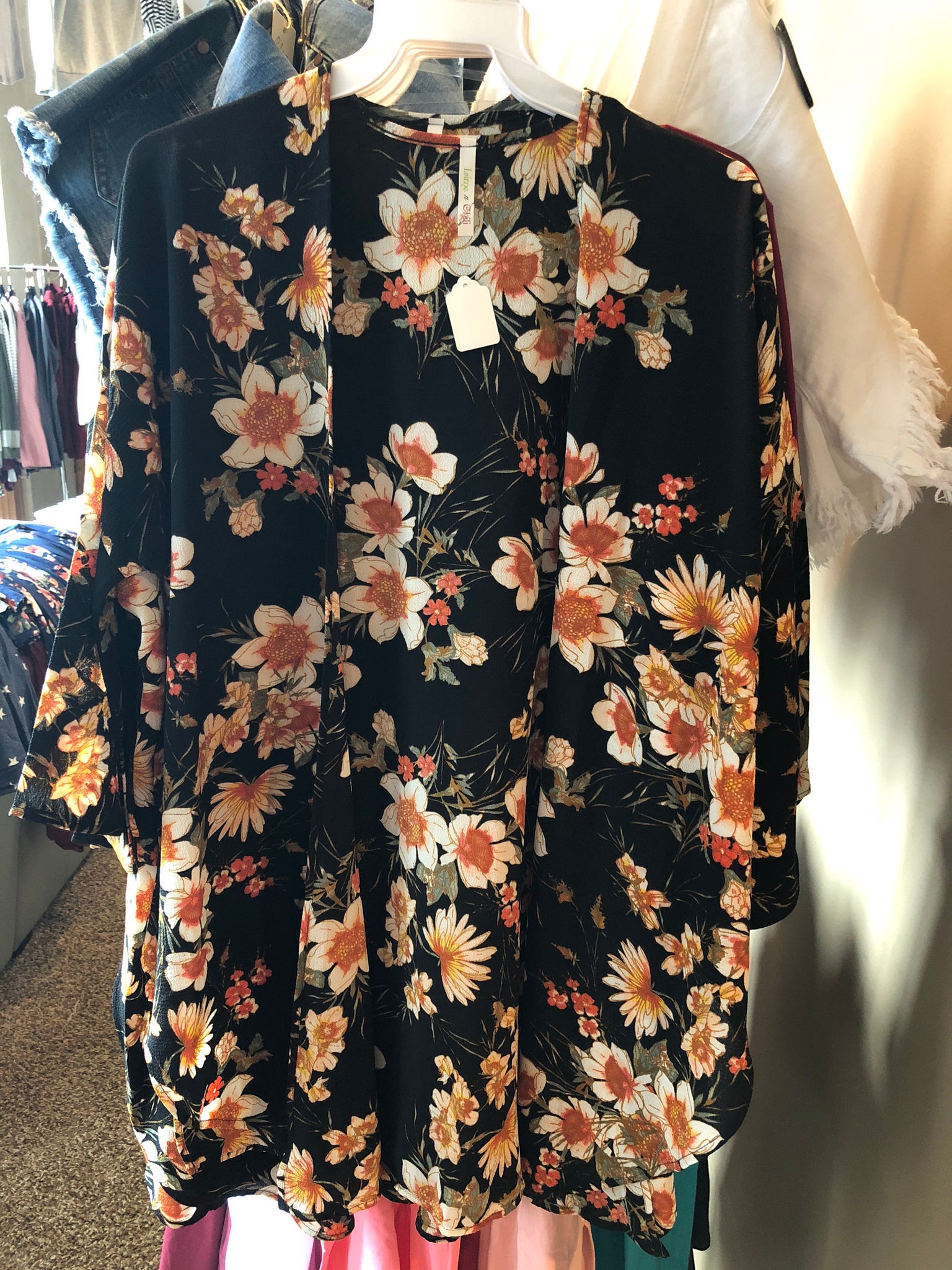 Black Floral Open Cardigan W/ Side Slit