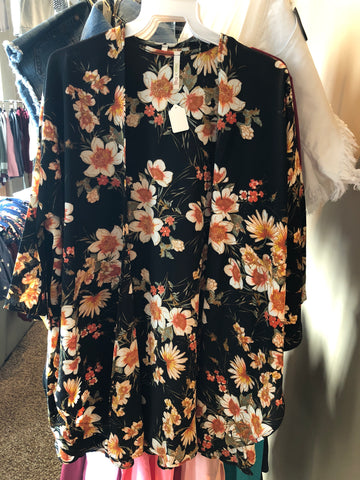 Black Floral Open Cardigan W/ Side Slit