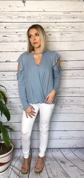 Misty Blue Ruffled Cold Shoulder Long Sleeve Shirt