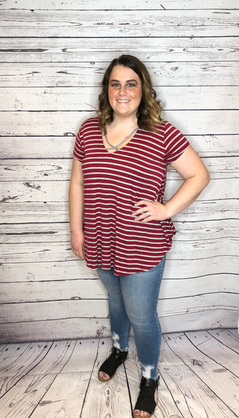 Wine Stripe Front Cross Short Sleeve Plus