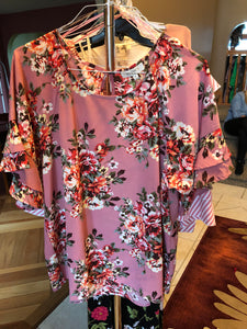 Mauve Floral Ruffle Sleeve Top