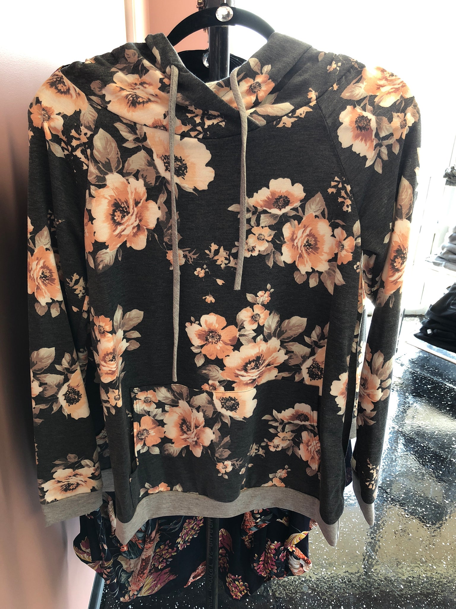 178 Charcoal Floral Hooded Top