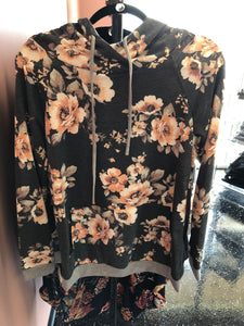 178 Charcoal Floral Hooded Top