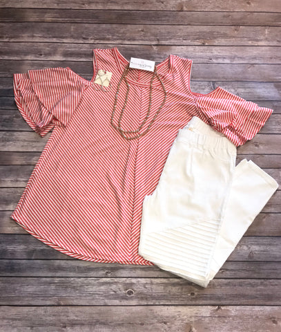 611 Coral & White Cold Shoulder