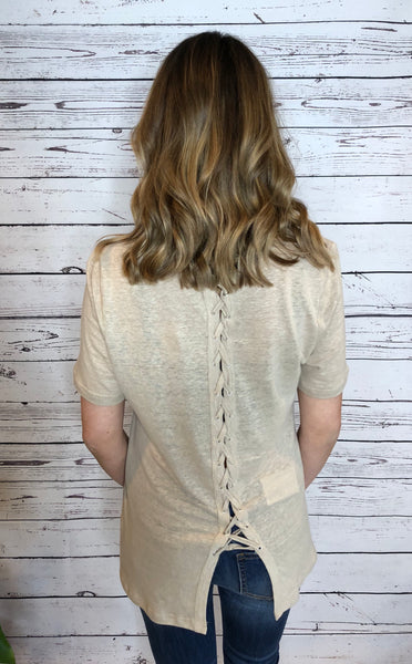 8 Beige Short Sleeve Chocker Top W/ Back Lace Up Detail