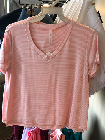 Pink Stripe V-Neck Short Sleeve Crop