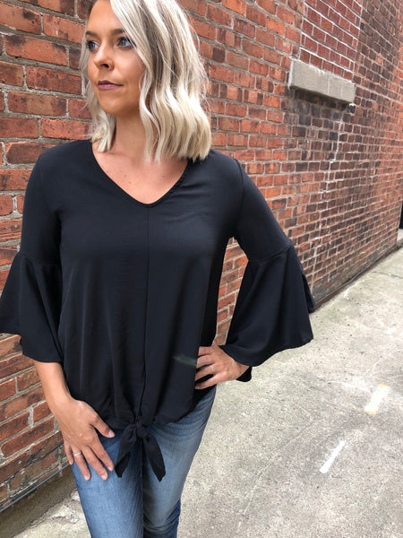 Black Bell Sleeve Front Tie Top