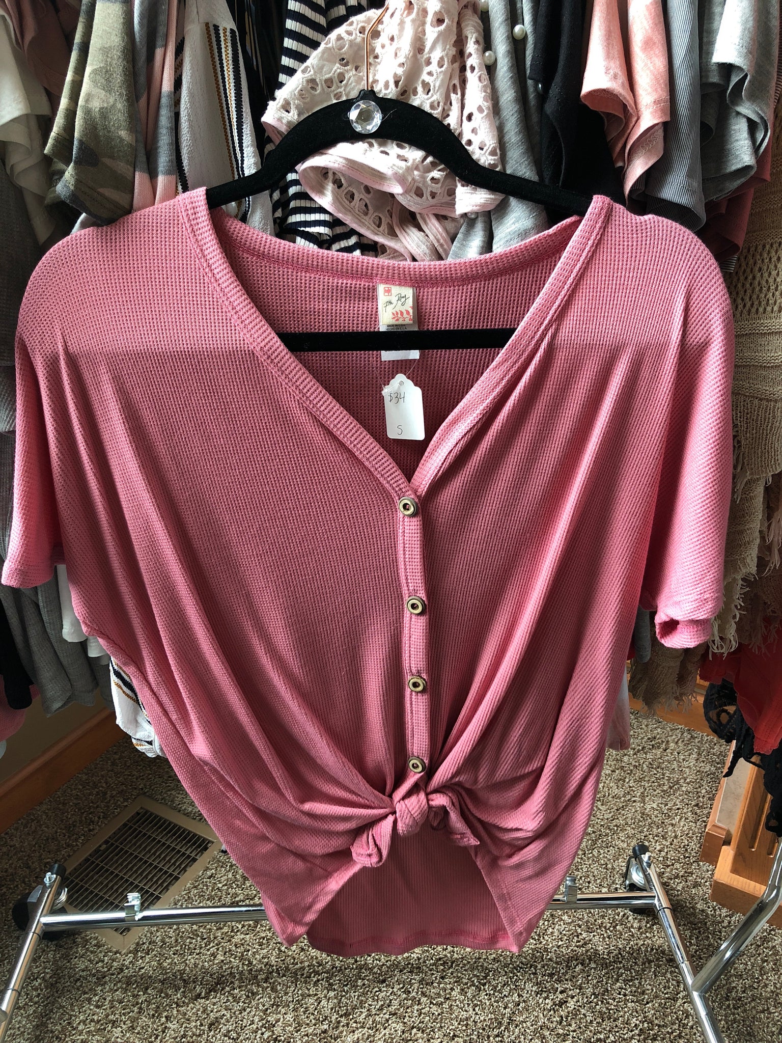 Pink Waffle Button Up Tie Top