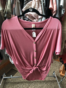 Pink Waffle Button Up Tie Top