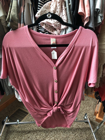 Pink Waffle Button Up Tie Top