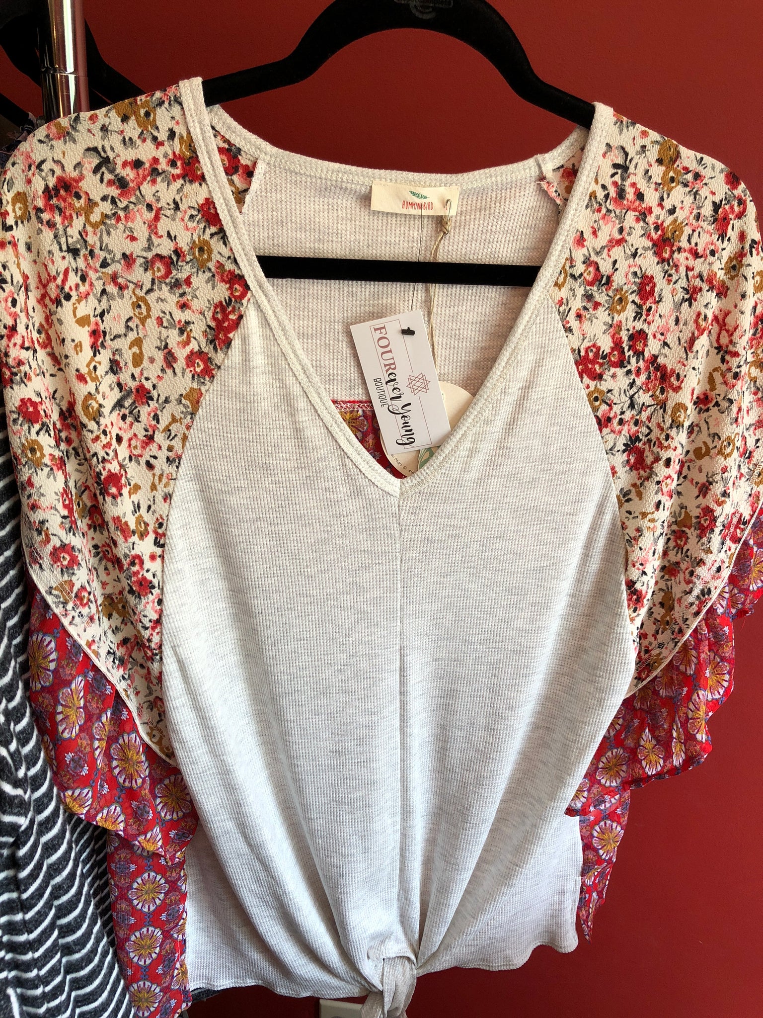 150 Mixed Fabric V Neck Top