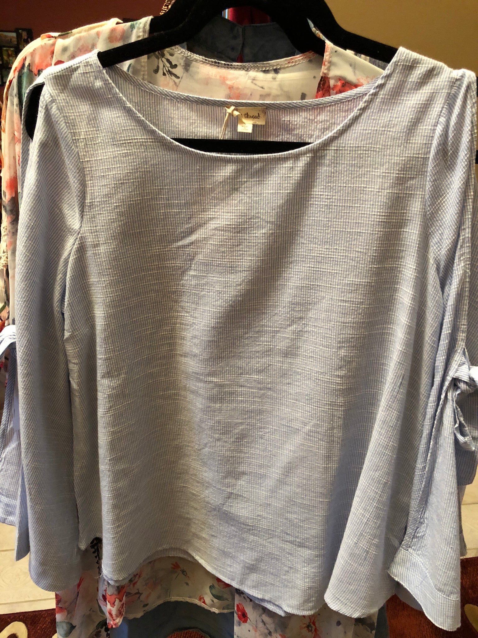 Blue & White Tie Sleeve Top