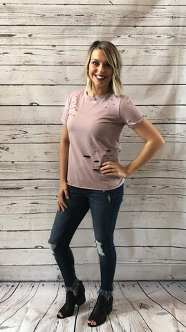 Mauve Distressed Short Sleeve