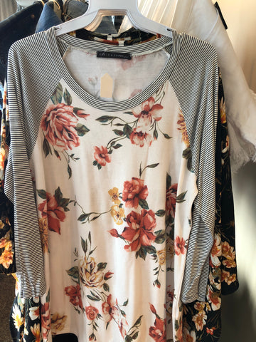 White Floral Stripe Sleeve Curvy