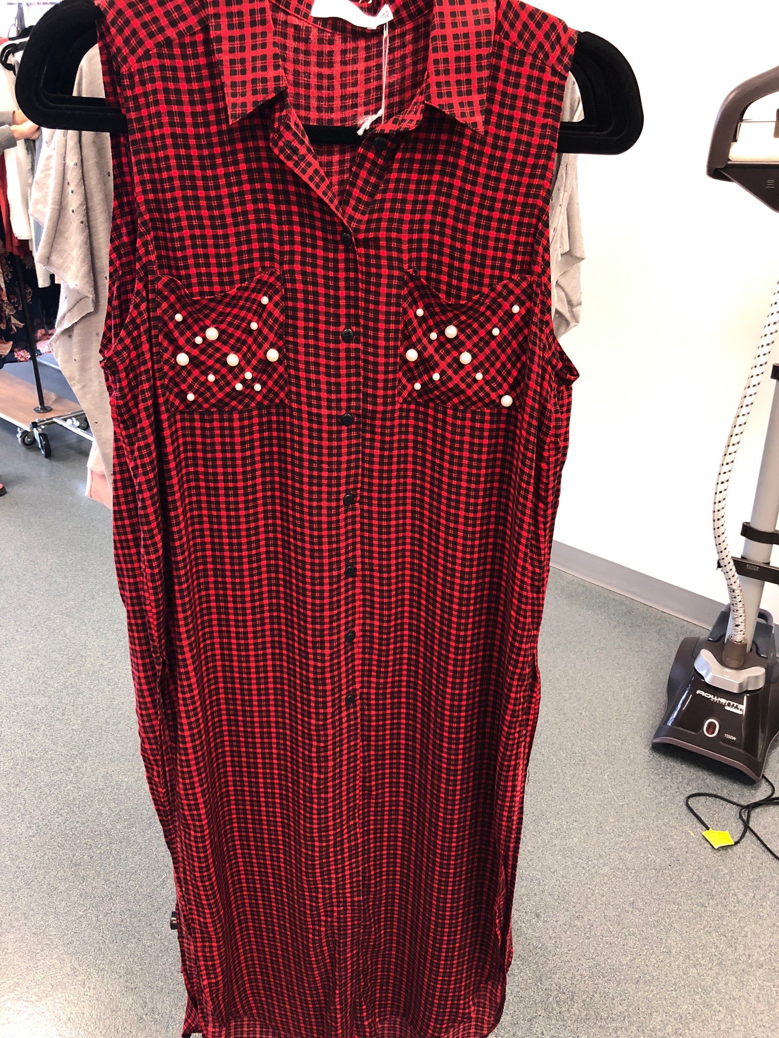 70 Red Plaid W/ Pearls Shirt Dress
