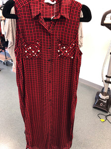 70 Red Plaid W/ Pearls Shirt Dress