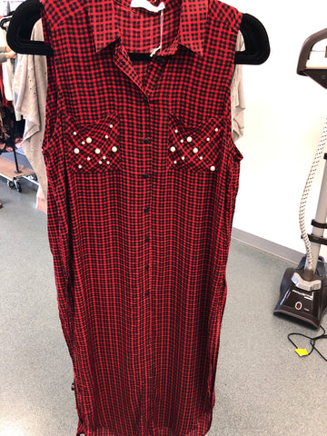 70 Red Plaid W/ Pearls Shirt Dress