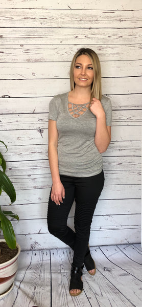 Grey Short Sleeve Cross Strap Top