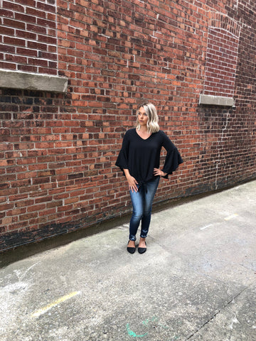 Black Bell Sleeve Front Tie Top